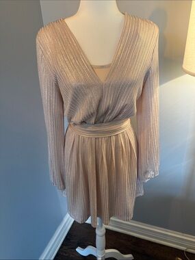 Dress Forum Metallic Champagne Pleated V-Neck Mini Dress